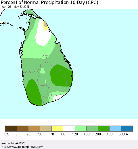 Sri Lanka Percent of Normal Precipitation 10-Day (CPC) Thematic Map For 4/26/2021 - 5/5/2021