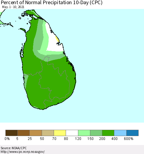 Sri Lanka Percent of Normal Precipitation 10-Day (CPC) Thematic Map For 5/1/2021 - 5/10/2021