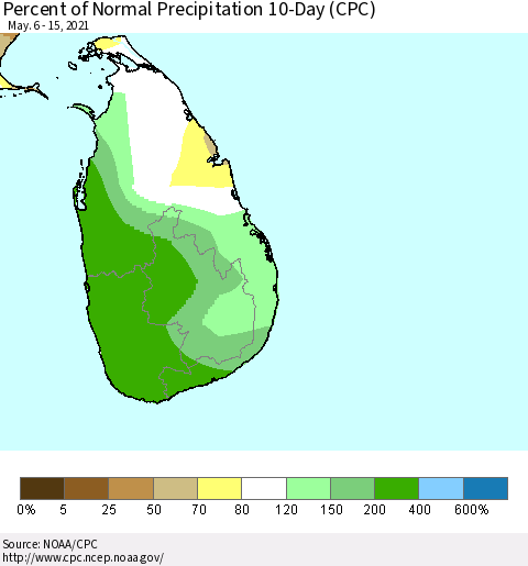 Sri Lanka Percent of Normal Precipitation 10-Day (CPC) Thematic Map For 5/6/2021 - 5/15/2021