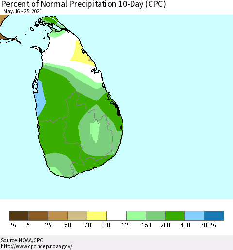 Sri Lanka Percent of Normal Precipitation 10-Day (CPC) Thematic Map For 5/16/2021 - 5/25/2021