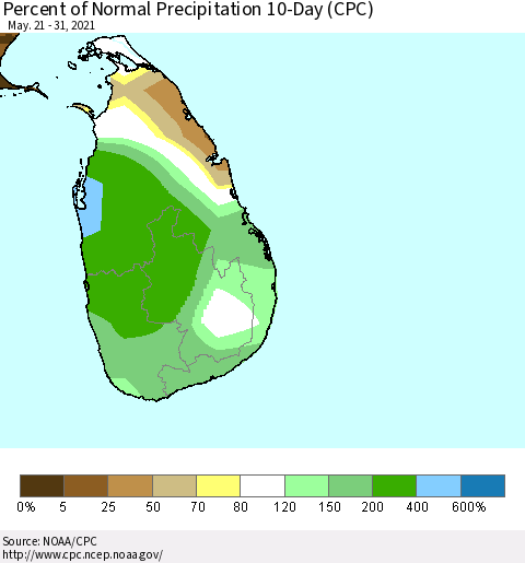 Sri Lanka Percent of Normal Precipitation 10-Day (CPC) Thematic Map For 5/21/2021 - 5/31/2021