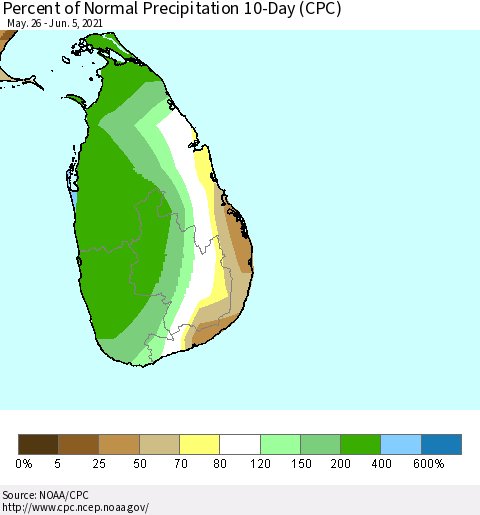 Sri Lanka Percent of Normal Precipitation 10-Day (CPC) Thematic Map For 5/26/2021 - 6/5/2021