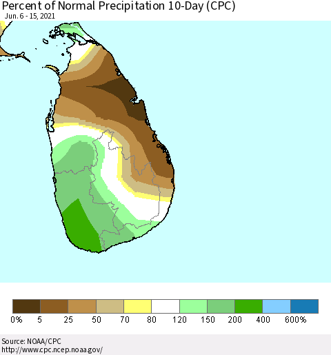 Sri Lanka Percent of Normal Precipitation 10-Day (CPC) Thematic Map For 6/6/2021 - 6/15/2021