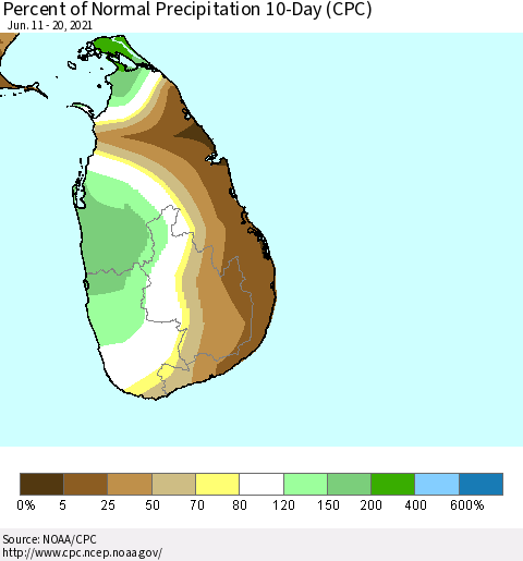 Sri Lanka Percent of Normal Precipitation 10-Day (CPC) Thematic Map For 6/11/2021 - 6/20/2021