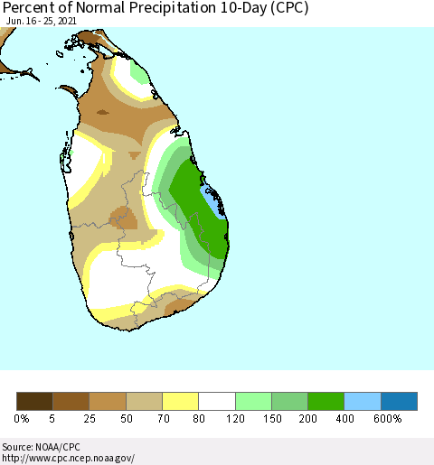 Sri Lanka Percent of Normal Precipitation 10-Day (CPC) Thematic Map For 6/16/2021 - 6/25/2021