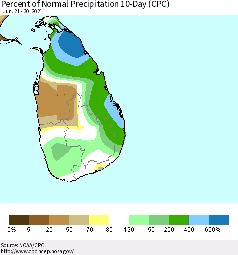 Sri Lanka Percent of Normal Precipitation 10-Day (CPC) Thematic Map For 6/21/2021 - 6/30/2021