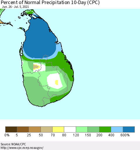 Sri Lanka Percent of Normal Precipitation 10-Day (CPC) Thematic Map For 6/26/2021 - 7/5/2021