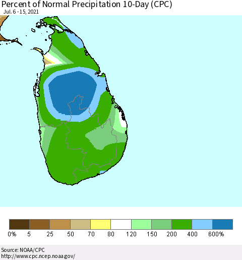 Sri Lanka Percent of Normal Precipitation 10-Day (CPC) Thematic Map For 7/6/2021 - 7/15/2021