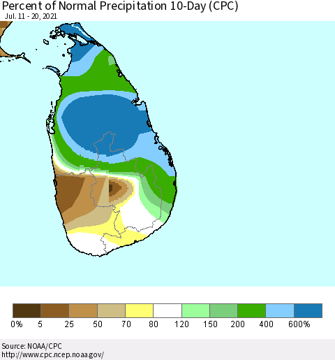 Sri Lanka Percent of Normal Precipitation 10-Day (CPC) Thematic Map For 7/11/2021 - 7/20/2021