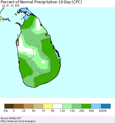 Sri Lanka Percent of Normal Precipitation 10-Day (CPC) Thematic Map For 7/16/2021 - 7/25/2021