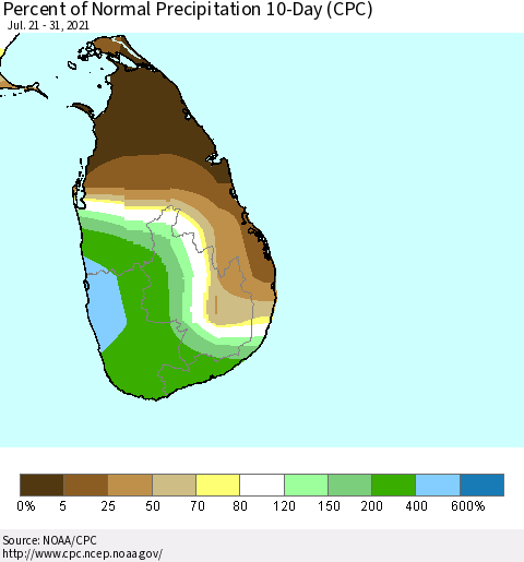 Sri Lanka Percent of Normal Precipitation 10-Day (CPC) Thematic Map For 7/21/2021 - 7/31/2021