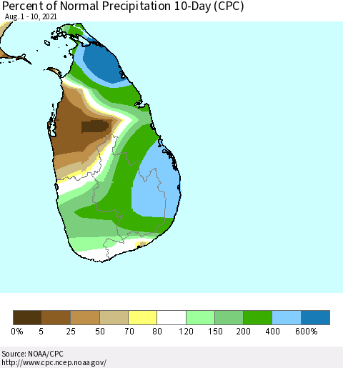 Sri Lanka Percent of Normal Precipitation 10-Day (CPC) Thematic Map For 8/1/2021 - 8/10/2021