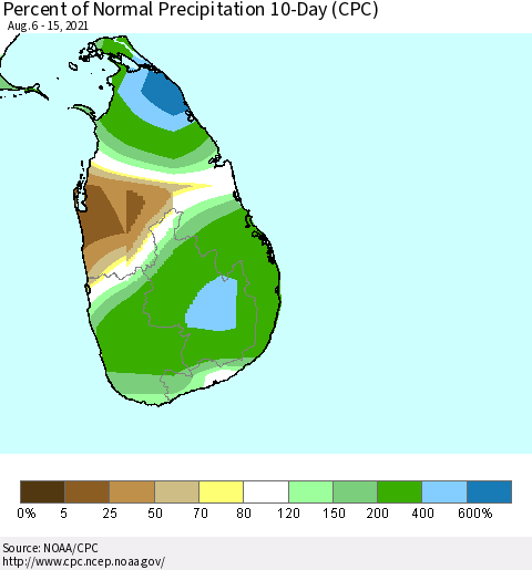Sri Lanka Percent of Normal Precipitation 10-Day (CPC) Thematic Map For 8/6/2021 - 8/15/2021