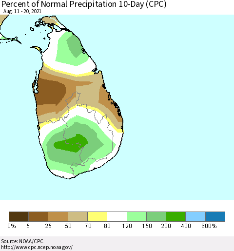 Sri Lanka Percent of Normal Precipitation 10-Day (CPC) Thematic Map For 8/11/2021 - 8/20/2021