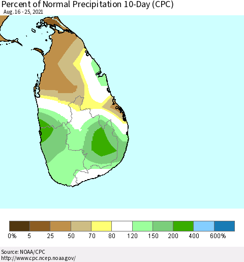 Sri Lanka Percent of Normal Precipitation 10-Day (CPC) Thematic Map For 8/16/2021 - 8/25/2021