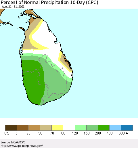 Sri Lanka Percent of Normal Precipitation 10-Day (CPC) Thematic Map For 8/21/2021 - 8/31/2021