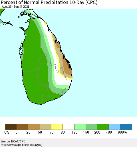 Sri Lanka Percent of Normal Precipitation 10-Day (CPC) Thematic Map For 8/26/2021 - 9/5/2021