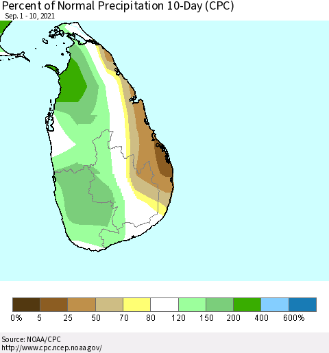 Sri Lanka Percent of Normal Precipitation 10-Day (CPC) Thematic Map For 9/1/2021 - 9/10/2021