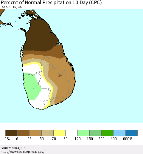 Sri Lanka Percent of Normal Precipitation 10-Day (CPC) Thematic Map For 9/6/2021 - 9/15/2021