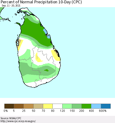 Sri Lanka Percent of Normal Precipitation 10-Day (CPC) Thematic Map For 9/11/2021 - 9/20/2021