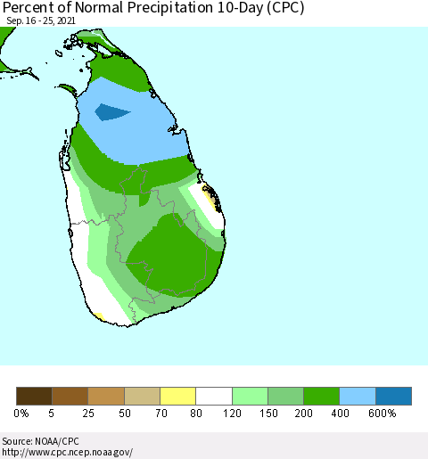 Sri Lanka Percent of Normal Precipitation 10-Day (CPC) Thematic Map For 9/16/2021 - 9/25/2021
