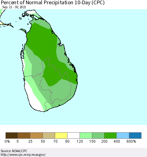 Sri Lanka Percent of Normal Precipitation 10-Day (CPC) Thematic Map For 9/21/2021 - 9/30/2021