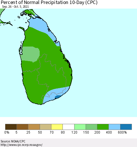 Sri Lanka Percent of Normal Precipitation 10-Day (CPC) Thematic Map For 9/26/2021 - 10/5/2021