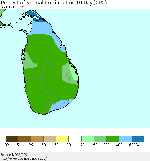Sri Lanka Percent of Normal Precipitation 10-Day (CPC) Thematic Map For 10/1/2021 - 10/10/2021
