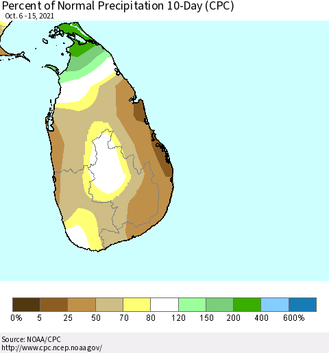 Sri Lanka Percent of Normal Precipitation 10-Day (CPC) Thematic Map For 10/6/2021 - 10/15/2021