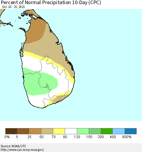 Sri Lanka Percent of Normal Precipitation 10-Day (CPC) Thematic Map For 10/16/2021 - 10/25/2021