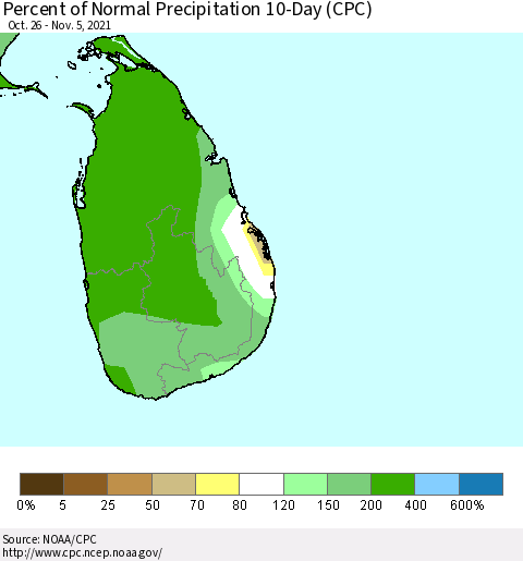 Sri Lanka Percent of Normal Precipitation 10-Day (CPC) Thematic Map For 10/26/2021 - 11/5/2021