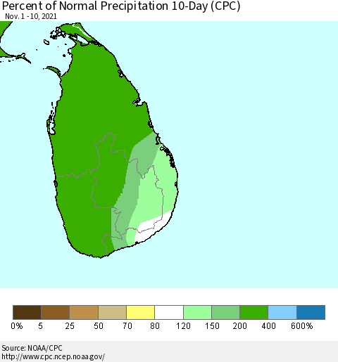 Sri Lanka Percent of Normal Precipitation 10-Day (CPC) Thematic Map For 11/1/2021 - 11/10/2021