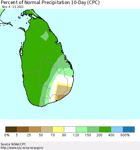 Sri Lanka Percent of Normal Precipitation 10-Day (CPC) Thematic Map For 11/6/2021 - 11/15/2021