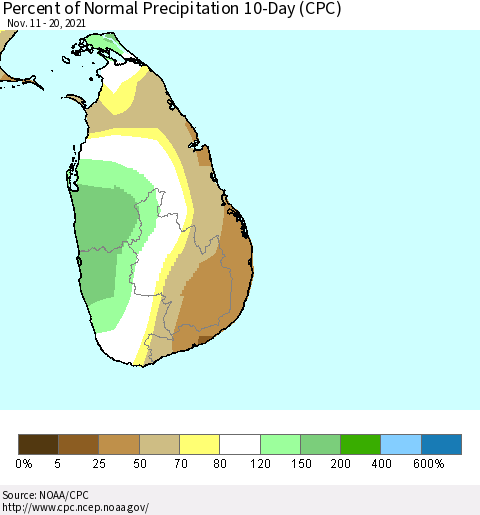 Sri Lanka Percent of Normal Precipitation 10-Day (CPC) Thematic Map For 11/11/2021 - 11/20/2021