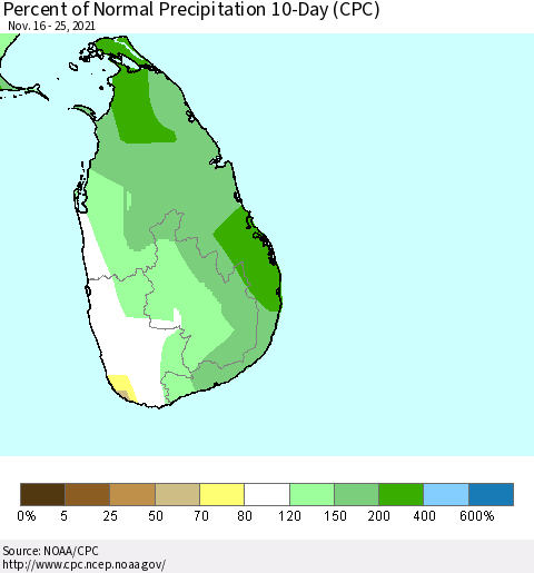 Sri Lanka Percent of Normal Precipitation 10-Day (CPC) Thematic Map For 11/16/2021 - 11/25/2021