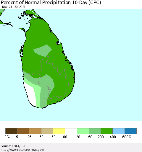 Sri Lanka Percent of Normal Precipitation 10-Day (CPC) Thematic Map For 11/21/2021 - 11/30/2021