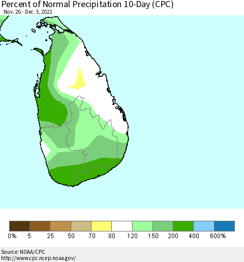 Sri Lanka Percent of Normal Precipitation 10-Day (CPC) Thematic Map For 11/26/2021 - 12/5/2021