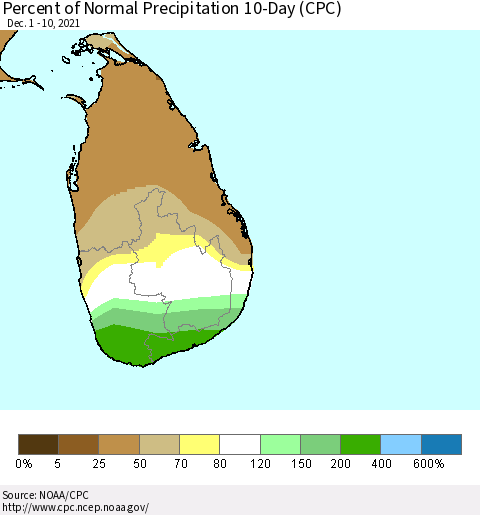 Sri Lanka Percent of Normal Precipitation 10-Day (CPC) Thematic Map For 12/1/2021 - 12/10/2021