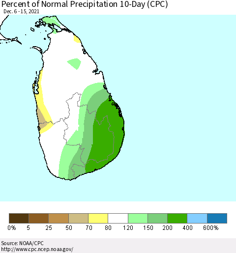 Sri Lanka Percent of Normal Precipitation 10-Day (CPC) Thematic Map For 12/6/2021 - 12/15/2021