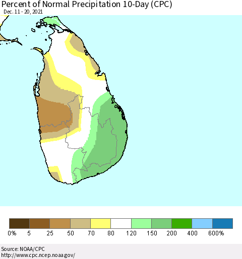 Sri Lanka Percent of Normal Precipitation 10-Day (CPC) Thematic Map For 12/11/2021 - 12/20/2021