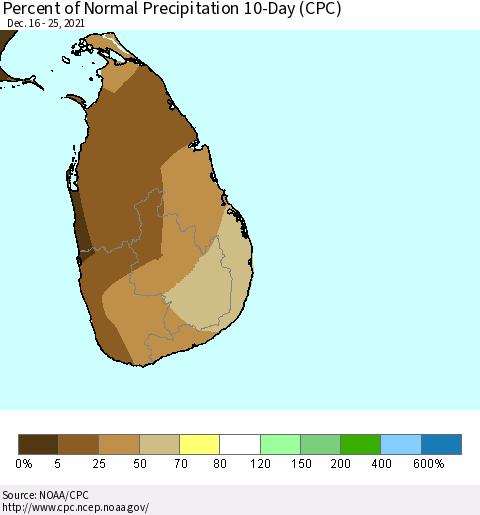 Sri Lanka Percent of Normal Precipitation 10-Day (CPC) Thematic Map For 12/16/2021 - 12/25/2021
