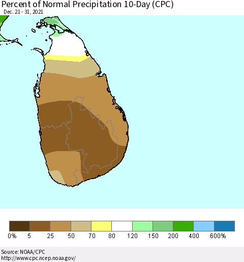 Sri Lanka Percent of Normal Precipitation 10-Day (CPC) Thematic Map For 12/21/2021 - 12/31/2021