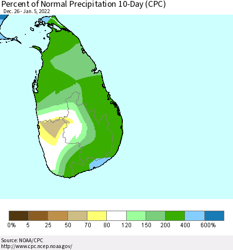 Sri Lanka Percent of Normal Precipitation 10-Day (CPC) Thematic Map For 12/26/2021 - 1/5/2022