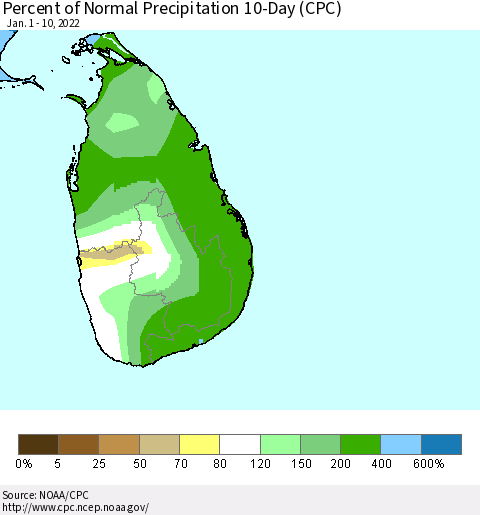 Sri Lanka Percent of Normal Precipitation 10-Day (CPC) Thematic Map For 1/1/2022 - 1/10/2022