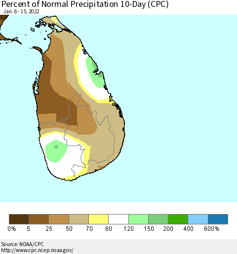 Sri Lanka Percent of Normal Precipitation 10-Day (CPC) Thematic Map For 1/6/2022 - 1/15/2022