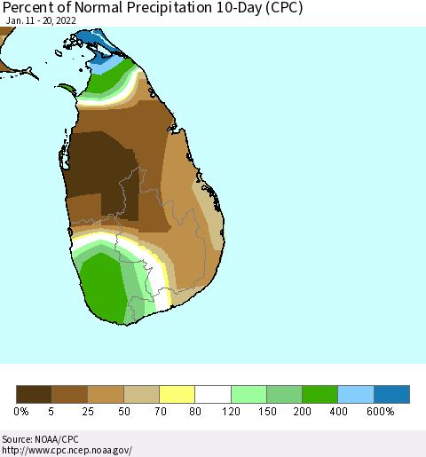 Sri Lanka Percent of Normal Precipitation 10-Day (CPC) Thematic Map For 1/11/2022 - 1/20/2022