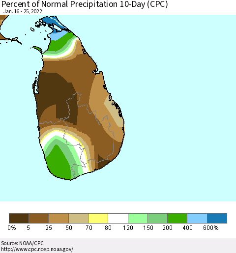 Sri Lanka Percent of Normal Precipitation 10-Day (CPC) Thematic Map For 1/16/2022 - 1/25/2022