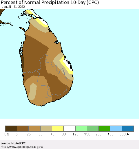 Sri Lanka Percent of Normal Precipitation 10-Day (CPC) Thematic Map For 1/21/2022 - 1/31/2022