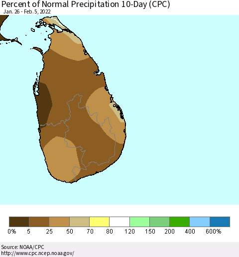 Sri Lanka Percent of Normal Precipitation 10-Day (CPC) Thematic Map For 1/26/2022 - 2/5/2022