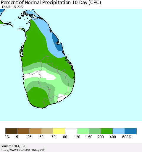 Sri Lanka Percent of Normal Precipitation 10-Day (CPC) Thematic Map For 2/6/2022 - 2/15/2022